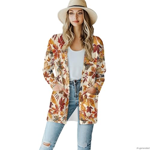 Image of Fall Maple Leaf Cardigan Sweaters for Women Long Sleeve Cardigan Soft Drape Open Front Dusters V-Neck Jackets Dressy