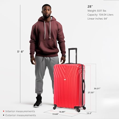 InUSA VASTY Luggage with Spinner Wheels | Durable Lightweight Hardside Suitcase, Travel Bag with Handle and Trolley, 28-Inch Large Checked Luggage | Red2