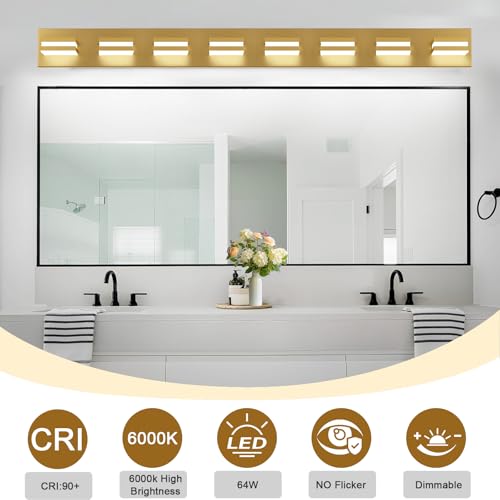 Image of IZORRO LED Modern Bathroom Lights Fixtures(8-Light,Dimmable,360Rotate),Brushed Glod Acrylic Wall Lighting,Vanity Lights for Bathroom Over Mirror - 6000k 48In (No Assembly Required)