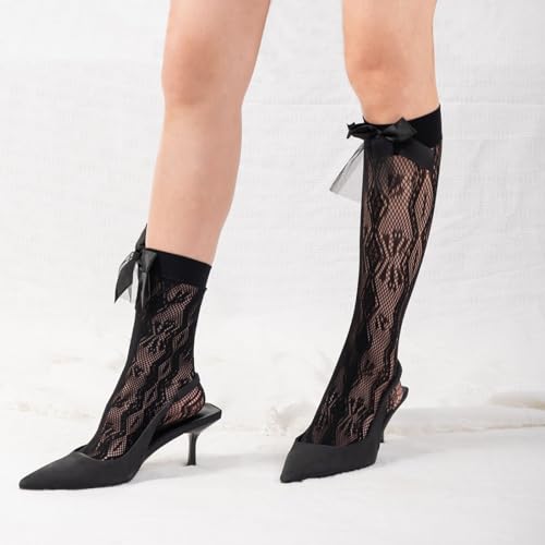 Image of Women's Lace Socks Ankle Socks Bow Short Socks Mesh Crew Socks High Elastane Knee High Stockings for Women Girls