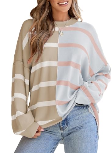 EVALESS Womens Striped Sweaters Long Sleeve Cable Knitted Color Block Casual Loose Lightweight Oversized Sweaters Pullover