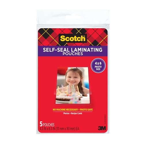 Image of Scotch Self-Sealing Laminating Pouches, Gloss Finish, Photo Size 4 x 6 Inches, 5/Pack