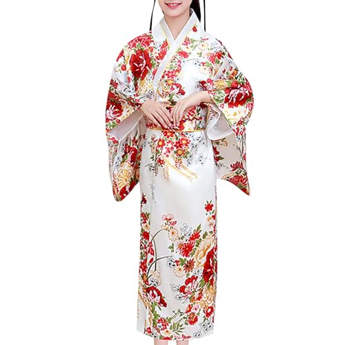 Kids Girls Japanese Flower Satin Kimono 𝐑obes Silky Long Sleeve Traditional Holiday 𝐁ath𝗿obe for Wedding Party