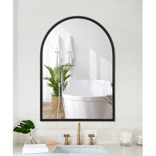 Image of Arch Wall Mirror Bathroom Mirror Black Metal Framed Mirror, Arched Wall Mounted Vanity Mirror for Bedroom Entryway Living Room 26 inchx18 inch