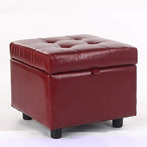 Footstool Square Ottoman with Storage, Upholstered Leather Footstool, Small Footstool with Storage and Wooden Legs, Removable Footrest for Bedroom and Living Room, Burgundy