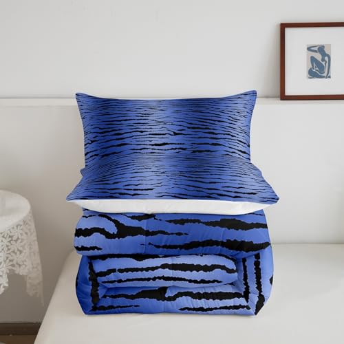 Image of Feelyou Kids Blue Black Boys Girls Bedding Set Full, Zebra Stripes Comforter Safari Animal Fur Print Comforter Set for Kids Teens Jungle Duvet Set 3Pcs