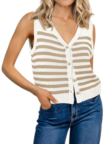 Womens Striped Sweater Vest Sleeveless Ribbed Tank Tops Color Block 2025 Trendy Button Down Shirts