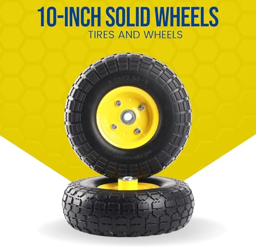 2-pack 10-inch solid tire wheels - replacement 410350-434 flat free tires and wheels with 5834 axle bore hole bearings 21734 offset hub -perfect for hand truck wheelbarrow gorilla carts