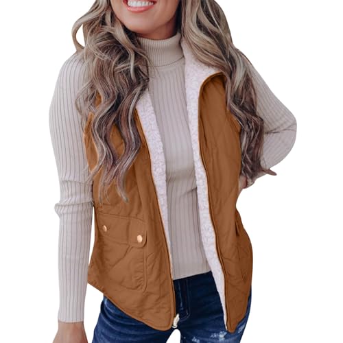 Uillui Reversible Sherpa Vest for Women 2024 Trendy Zip up Fleece Vest Jacket Pockets Warm Quilted Vest Outwear for Winter2