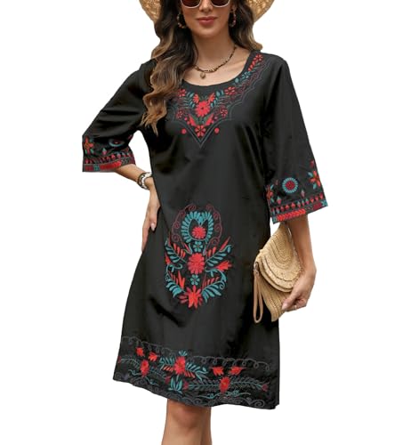 Image of Higustar Mexican Embroidered Dress Summer Cotton Bohemian Flower Peasant Traditional Mexico Fiesta Boho Dresses for Women