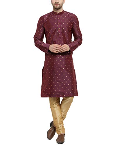 Image of SOJANYA (Since 1958 Men's Silk Blend Wine Kurta & Gold Churidar Pyjama SET, Size: 42