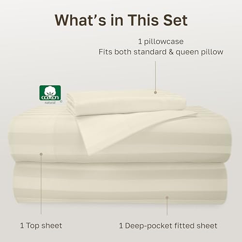 Image of California Design Den 500TC 100% Cotton Twin Sheets Set, Ivory Stripe | Good Housekeeping Seal, OEKO-TEX Certified, Silky-Soft Sateen Weave, 3pc Set, 15 inch Deep Pockets, For Hot Sleepers, All-Season