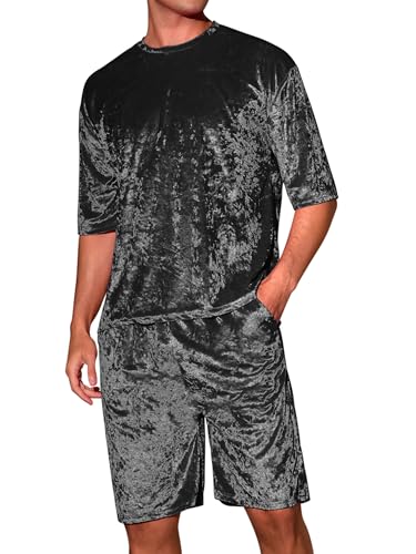 Lars Amadeus Velvet Outfits für Herren Sommer Kurzarm Party Velours T-Shirt & Shorts Set, Schwarz, Large