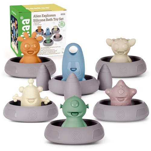 Haakaa Squeeze Alien Explorers Baby Bath Toys, Food Grade Silicone Toddler Bath Toys for Bathtubs/Swimming Pools/Beaches, Detachable Mold Free Floating Tub Toys for Kids Ages 1-3 (Whole Set)