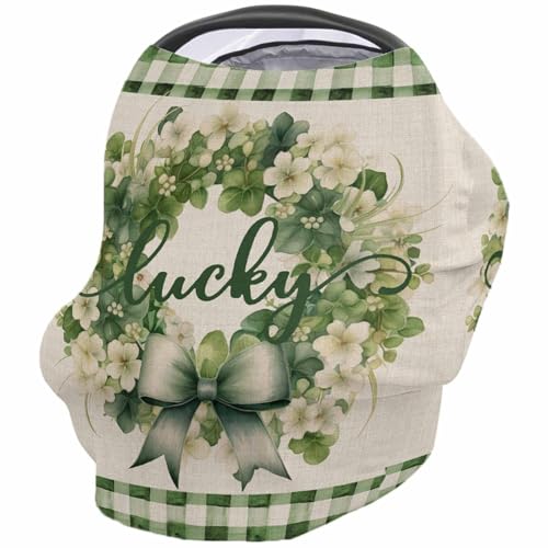 Nursing Cover for Breastfeeding Scarf, Retro Check St. Patrick's Day Wreath Baby Car Covers Super Soft Multi Use for Canopy Shopping Cart Cover Blanket Stroller Cover