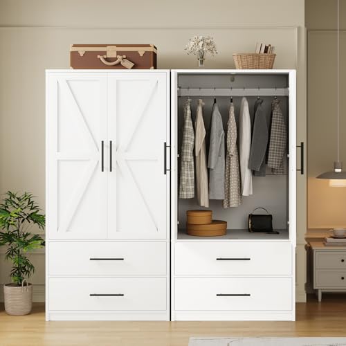 HOOBRO Armoire Wardrobe Closet, Wardrobe Closet with 2 Doors and 2 Drawers, Bedroom Armoire with Hanging Rod, Tall Armoire for Bedroom, Wooden Clothing Storage Cabinet, White