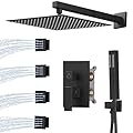 BESy Shower System with 12 Inch Rain Shower Head and 4 Full Body Spray Jets, High Pressure Rainfall Shower Faucet Fixture Combo Set with 4 in 1 Handheld Showerhead for Bathroom, Matte Black