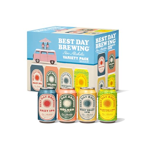 Best Day Brewing Craft Non Alcoholic Beer, Variety Pack, 12 Pack, Low Carb & Low Calorie NA Beer, Kölsch, West Coast IPA, Hazy IPA, and Electro-Lime, Non Alcoholic Drinks for Adults, 12 fl oz Cans