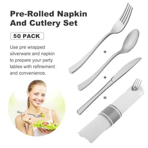 50 Pre Rolled Silver Plastic Silverware - Service for 50 - Wrapped Disposable Set with Forks, Knives, Spoons, White Napkins - Fancy Decorative Flatware for Dinner, Party, Wedding - Image 3