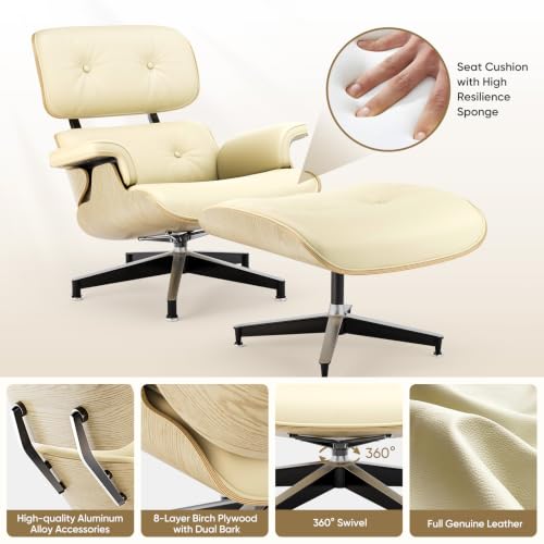 Image of Mid Century Modern Top Grain Leather Chaise Lounge Chair & Ottoman