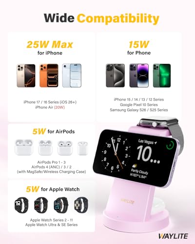 Image of 3 in 1 Fast Charging Station for iPhone, 25W Wireless Magnetic Phone Charger for iPhone 17 16e 16 15 14 13 12 Serise, Watch Charger Stand, Wireless Charging Station for AirPods 4 3 Pro, Pink