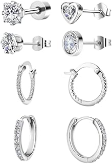 6 Pairs Sterling Silver Stud Earrings for Women Girls, Hypoallergenic Silver Hoop Earrings and Stud Earrings Set, Small Cartilage Cubic Zirconia Hoops Earrings, Earring Studs Sets for pack Piercing
