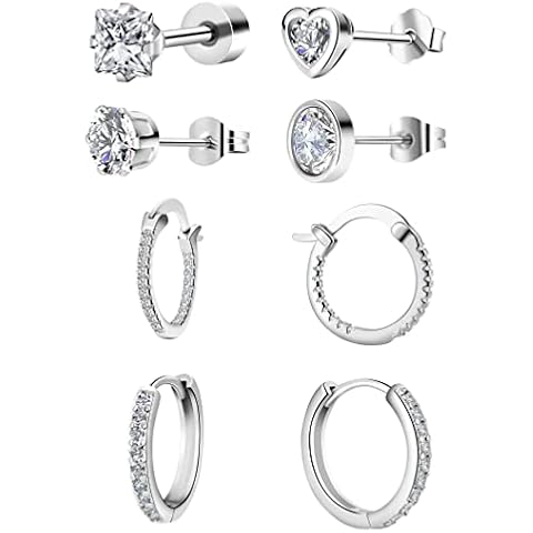 6 Pairs Sterling Silver Stud Earrings for Women Girls, Hypoallergenic Silver Hoop Earrings and Stud Earrings Set, Small Cartilage Cubic Zirconia Hoops Earrings, Earring Studs Sets for pack Piercing Cover