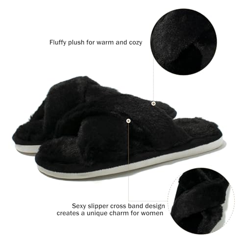 Fuzzy House Slippers for Women Furry Memory Foam Women's Cross Band Slippers Cozy Fluffy Open Toe Slippers Soft Plush Shoes for Indoor Outdoor2