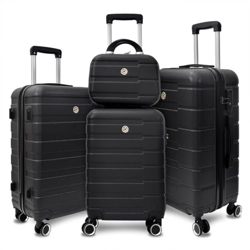 4 Piece Luggage, Modern Lightweight Suitcase with Hooks and Spinner Wheels Hard Side Carry On Luggage with Password Lock and Telescopic Rod for Business Travel Domestic Foreign Travel,Blcak