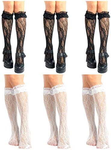 Amuhou Womens Knee High Socks Girl's Lace Fishnet Patterned Stockings Lolita Loose Socks (3 Black + 3 White)