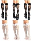 Womens Knee High Socks Amuhou Girl's Lace Fishnet Patterned Stockings Lolita Loose Socks (3 Black +...