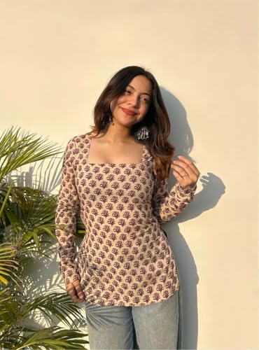 Image of ANNI Designer Short Kurti for Women Printed Design | Square Neck Full Sleeve Kurti Tops for Women | Stylish Kurtis & Short Kurtis for Woman | Casual Kurti with Jeans | Kurtas for Woman