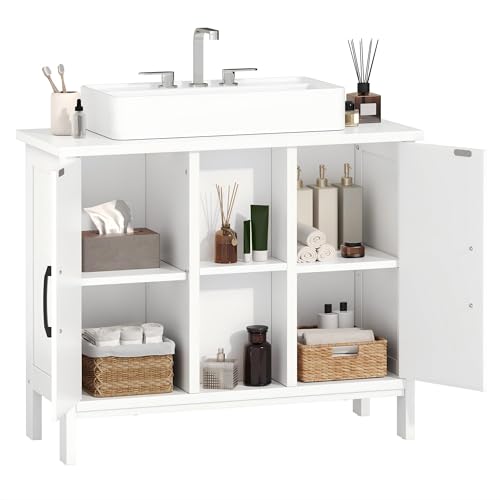 YITAHOME waschbeckenunterschrank mit Zwei geschlossene Schrankelemente, Bad unterschrank 70 cm breit, badezimmerschrank mit offenen Regalen, unterschrank waschbecken, Weiss