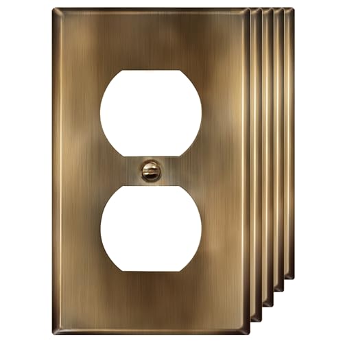 ENERLITES Duplex Receptacle Outlet Metal Wall Plate, Stainless Steel Outlet Cover, Corrosion Resistant, Standard Size 1-Gang 4.50' x 2.76', Stainless Steel 201, 7721-AB-5PCS, Antique Brass, 5 pack