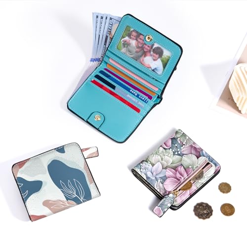 Image of Toughergun Boho Abstract Leaves RFID Small Wallet Women, Slim Thin Vegan Leather Bifold Wallet with Zipper Coin Pocket & ID Window, Cute Mini Credit Card Holder Gift for Women Ladies Teen Girls