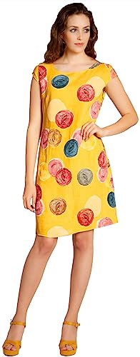 Caspar SKL033 leichtes knielanges Damen Sommer Leinenkleid mit Punkte Print, Farbe:gelb, Größe:XL - DE42 UK14 IT46 ES44 US12