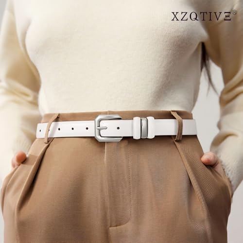 XZQTIVE Women Leather Belt for Jeans Pants Dresses Fashion Ladies Skinny Leather Belt with Silver Buckle,White3