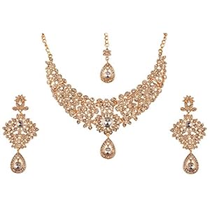 Touchstone Indian Bollywood traditional floral theme white Rhinestone and blue faux sapphire bridal designer jewelry necklace set for women in antique gold or white tone - immagine 1