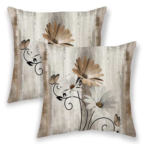 BETGINY Brown Floral Pillow Covers 16x16 Inch 2 Pcs, Vintage Daisy Flower Butterfly Decorative Throw Pillows,Rustic Spring Summer Outdoor Seasonal Decor Pillowcase Cushion Cover for Couch Bed