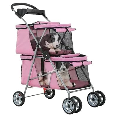 Double Dog Cart with Cup Holder,Foldable Travel Cage for Small and Medium-Sized Dogs and Cats,Suitable for 2 Puppies or Two Kittens(Pink)