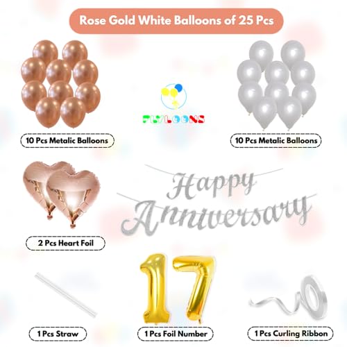 Image of Flyloons 17th Happy Anniversary Decoration Items Rose Gold White for Men Women Husband Wife Mom Dad Parent Couple Home Bedroom Car With 20 Pcs Metallic Balloons Anniversary Banner 2 Pcs Heart Set Kit