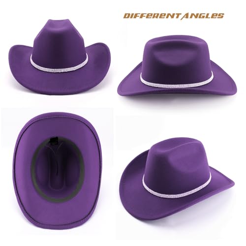Image of DRESHOW Glitter Cowboy Hat Classic Western Rhinestone Cowgirl Hat Outdoor Wide Brim Retro Felt Fedora Hats Rolled up Caps