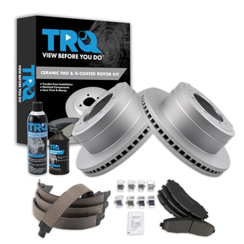 Image of TRQ Rear Brake Pad & Rotor Kit, with Chemical Kit Parking Brake Shoe Set Ceramic Premium G-Coated Compatible with 2013-2019 Ford F-350 Super Duty 2013-2014 F-450 Super Duty
