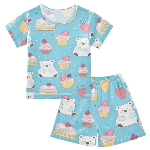 ALAZA Cartoon Bear Cupcake Strawberry Pajamas Short Sleeve 2 Piece Sleepwear Top and Bottom Pajama Set Unisex