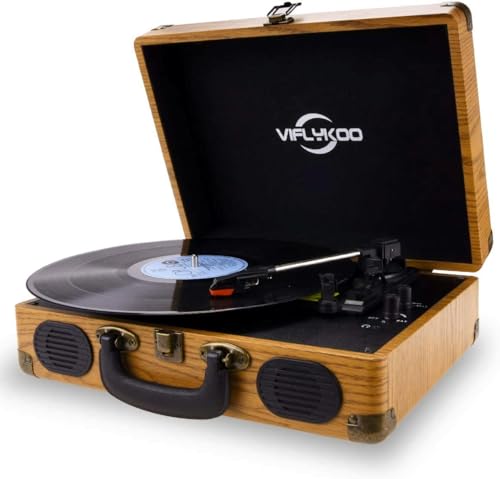 VIFLYKOO Tocadiscos de Vinilo, Tocadiscos Vintage Disco Vinilo LP 3 Velocidades Reproductor de Discos con Codificador Digital Incorporado 2 Parlantes, USB, Entrada AUX, Salida RCA - Madera Natural