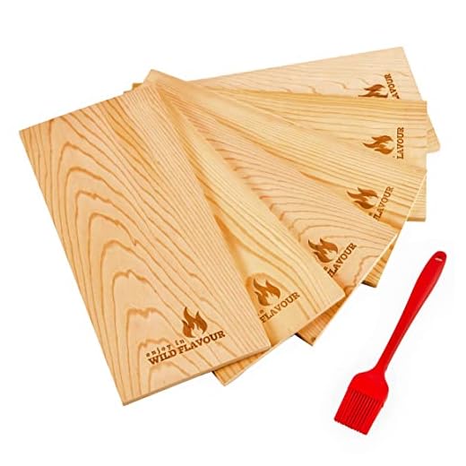 Grillbräds-set – 6 naturliga XL-grillbrädor av 100 % cederträ med grillborste för att grilla lax, fisk, kött och grönsaker – ge mat extra rök och smak