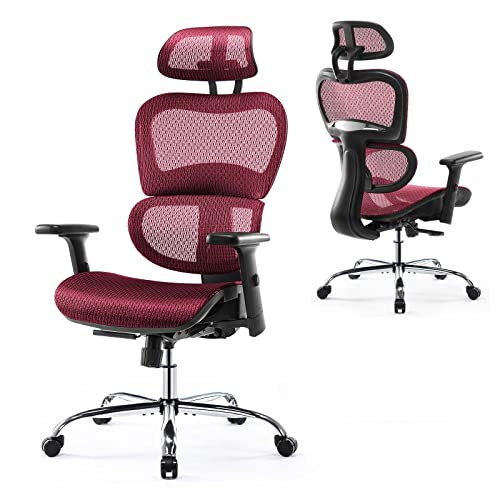 Ergonomic Office Chair, High Back Desk Chair, Swivel Mesh Computer Task Chair With Dynamic Lumbar Support, Tilt Function, Executive Home Office Chair With 3D Adjustable Headrest And Armrests, Red #TOP2
