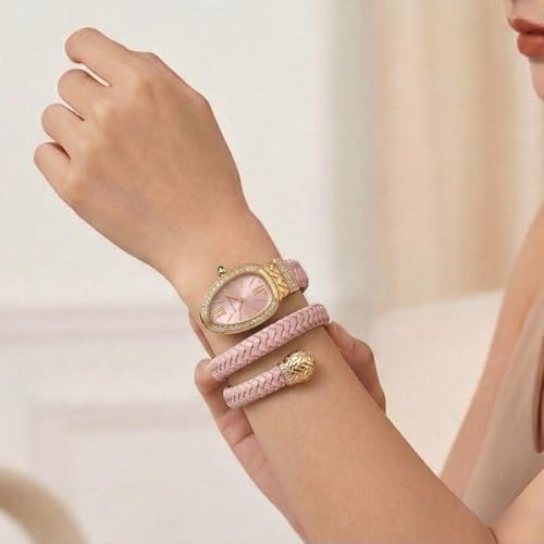 Image of Serpentine Snake Watch for Woman with Spiral Bracelet, Green Dial Watch for Woman with Quartz, Stylish Analog Waterproof Serpenti Watches Women
