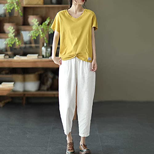 Dreamyth-Summer Womens Cotton Linen Pants,Casual Pocket Drawstring Elastic Waist Capri Pants Summer Loose Comfy Wide Leg Crop Pants, C-White-03, Xx-Large #TOP1