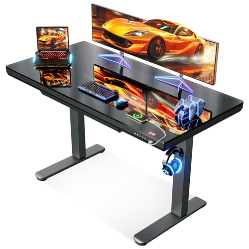 OffiGo Glas Höhenverstellbarer Schreibtisch, 120 x 60 cm Elektrischer Schreibtisch mit Schublade, Ganze Tischplatte mit USB und Type-C, Standing desk, Steh-Sitz Glastisch für Home Office Büro, Schwarz